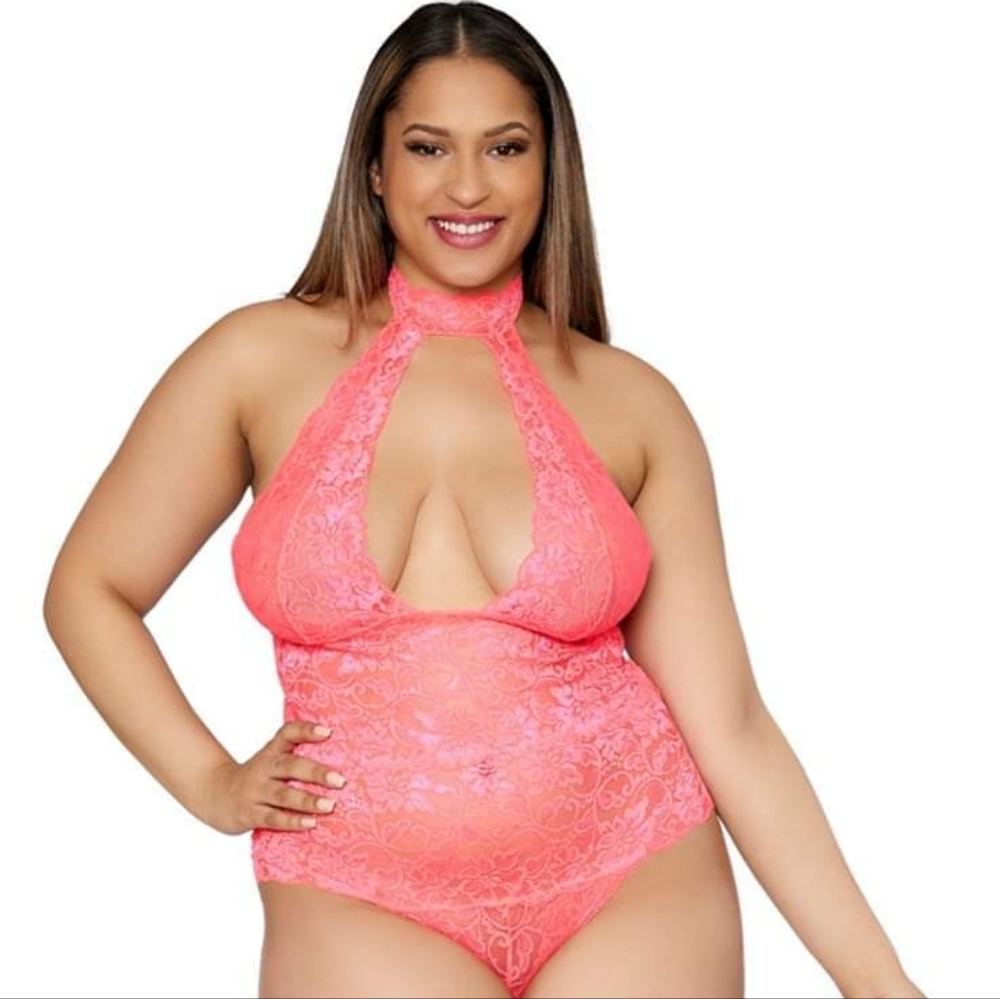 Collard Lace Bodysuit Bright Pink OSQ (plus size 1x-3/4x) & OS (fits size S-L)
